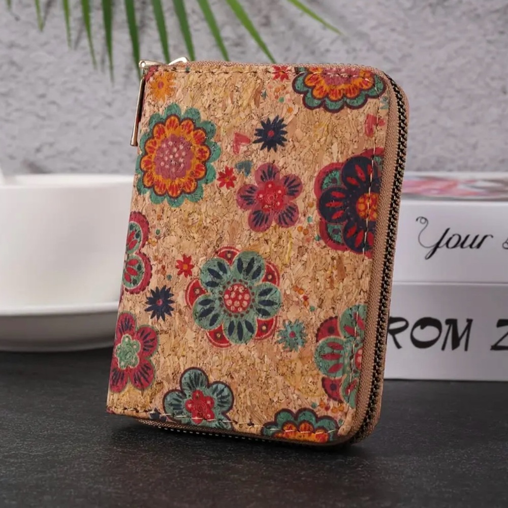 Boho Cork Mini Wallet Floral Zipper Coin Purse Card Holder Travel Gift